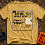 Less Routine More Road - T-Shirt in Mustard - A graphic styled like a computer interface window containing the text...