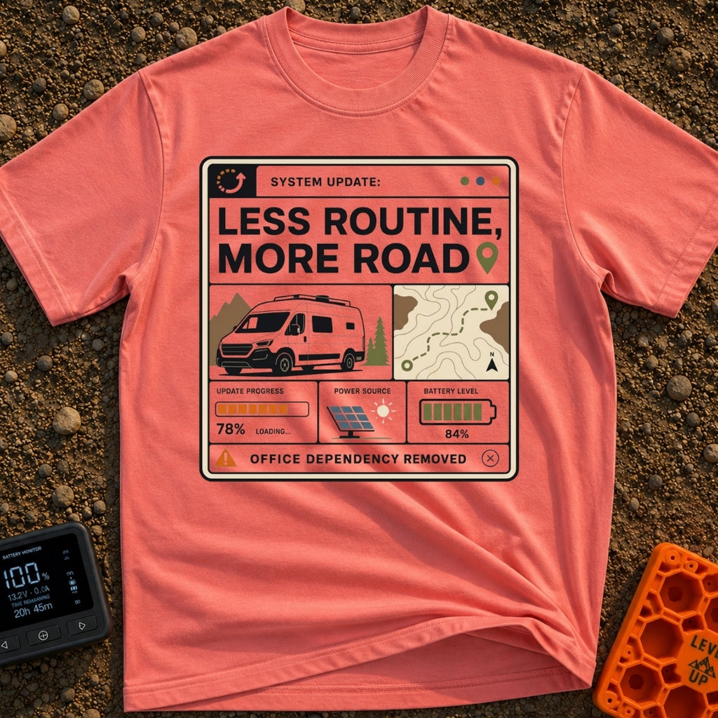 Less Routine More Road - T-Shirt in Watermelon - A graphic styled like a computer interface window containing the text...