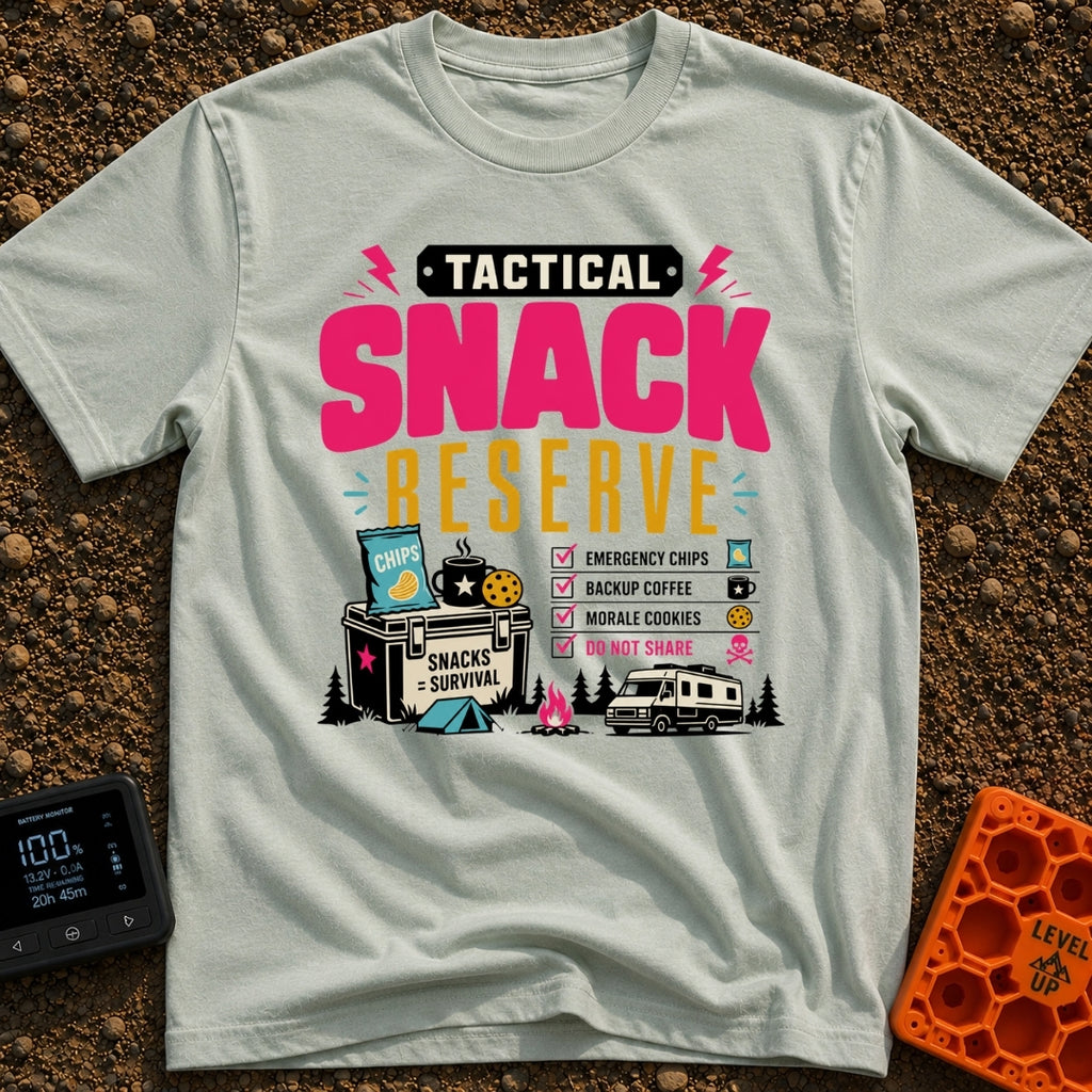 Tactical Snack Reserve - T-Shirt in Bay - The artwork features the bold text "Tactical Snack Reserve" above a cooler...