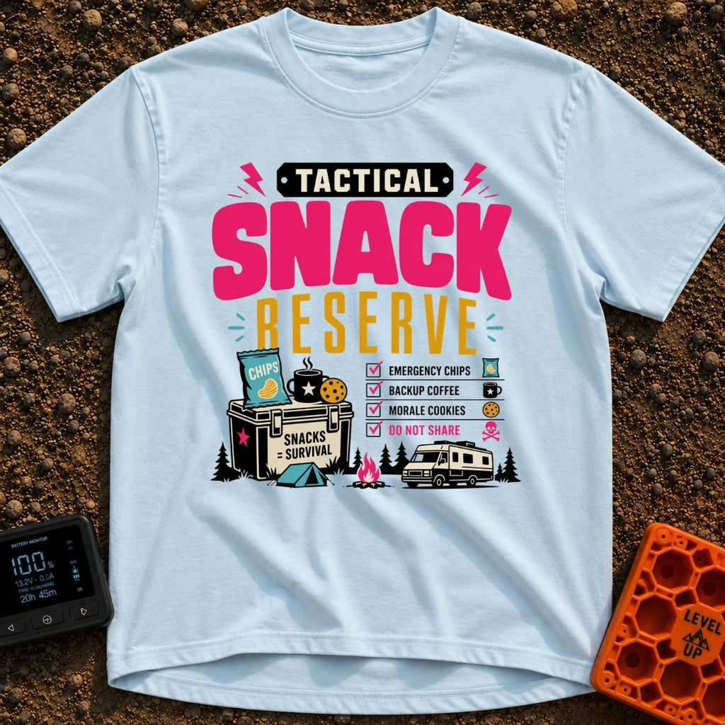 Tactical Snack Reserve - T-Shirt in Chambray - The artwork features the bold text "Tactical Snack Reserve" above a cooler...