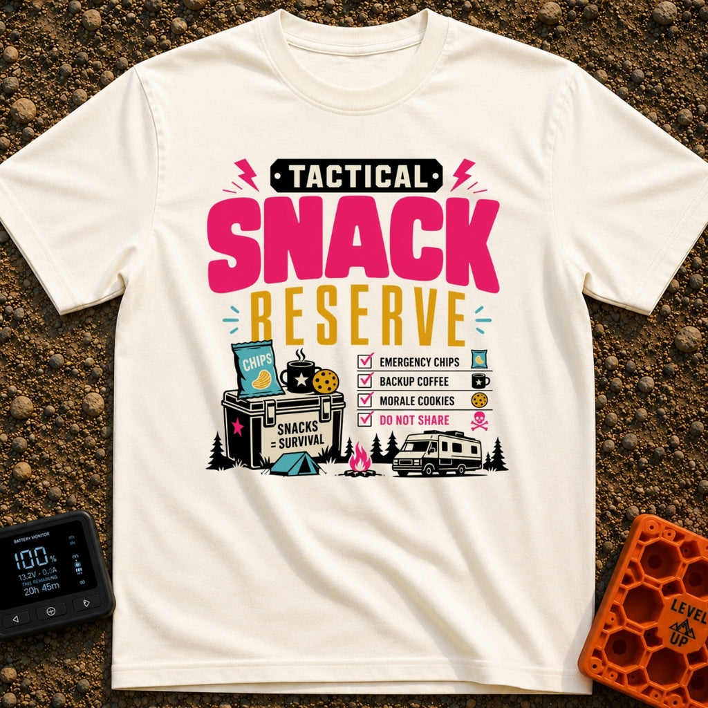 Tactical Snack Reserve - T-Shirt in Ivory - The artwork features the bold text "Tactical Snack Reserve" above a cooler...