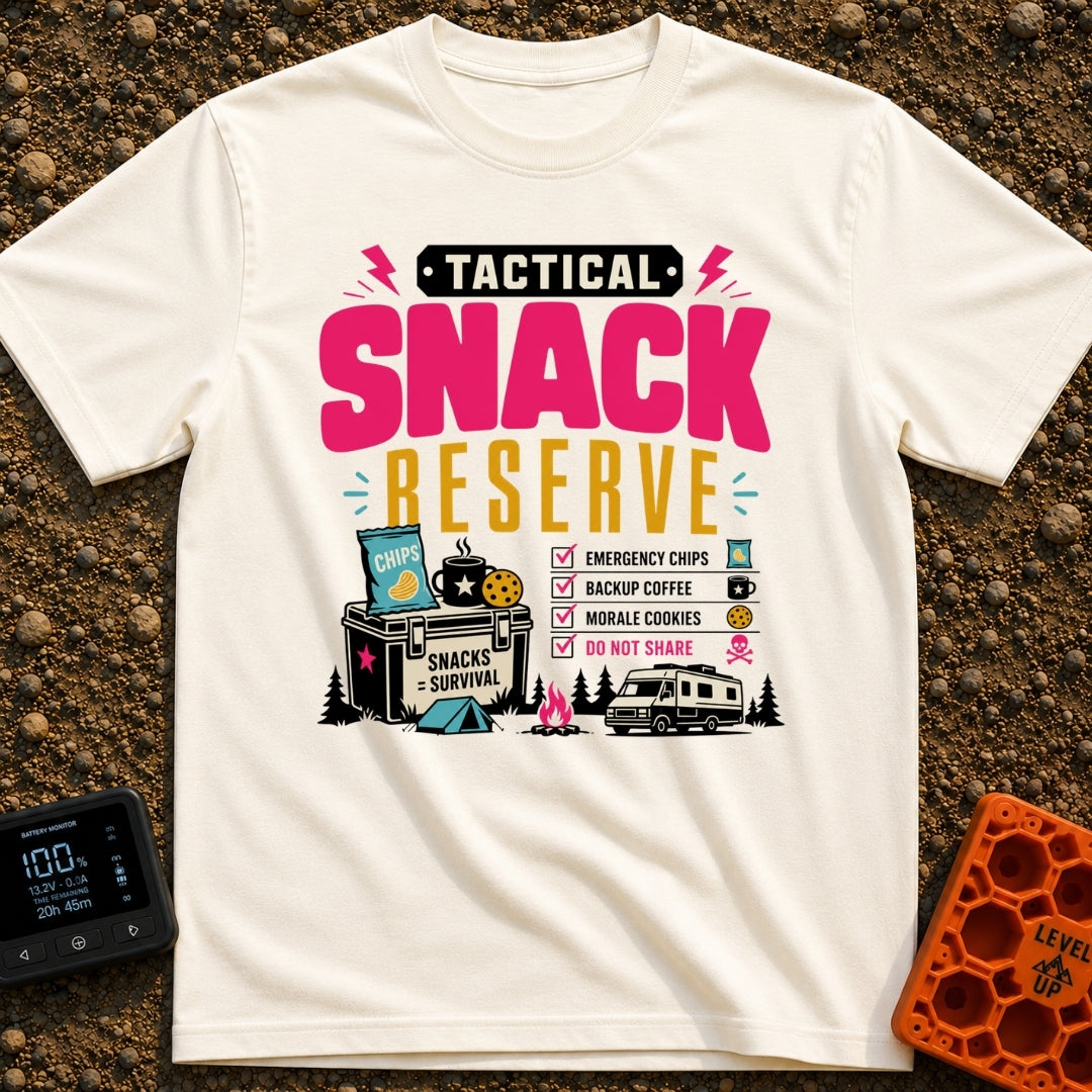 Tactical Snack Reserve - T-Shirt in Ivory - The artwork features the bold text "Tactical Snack Reserve" above a cooler...