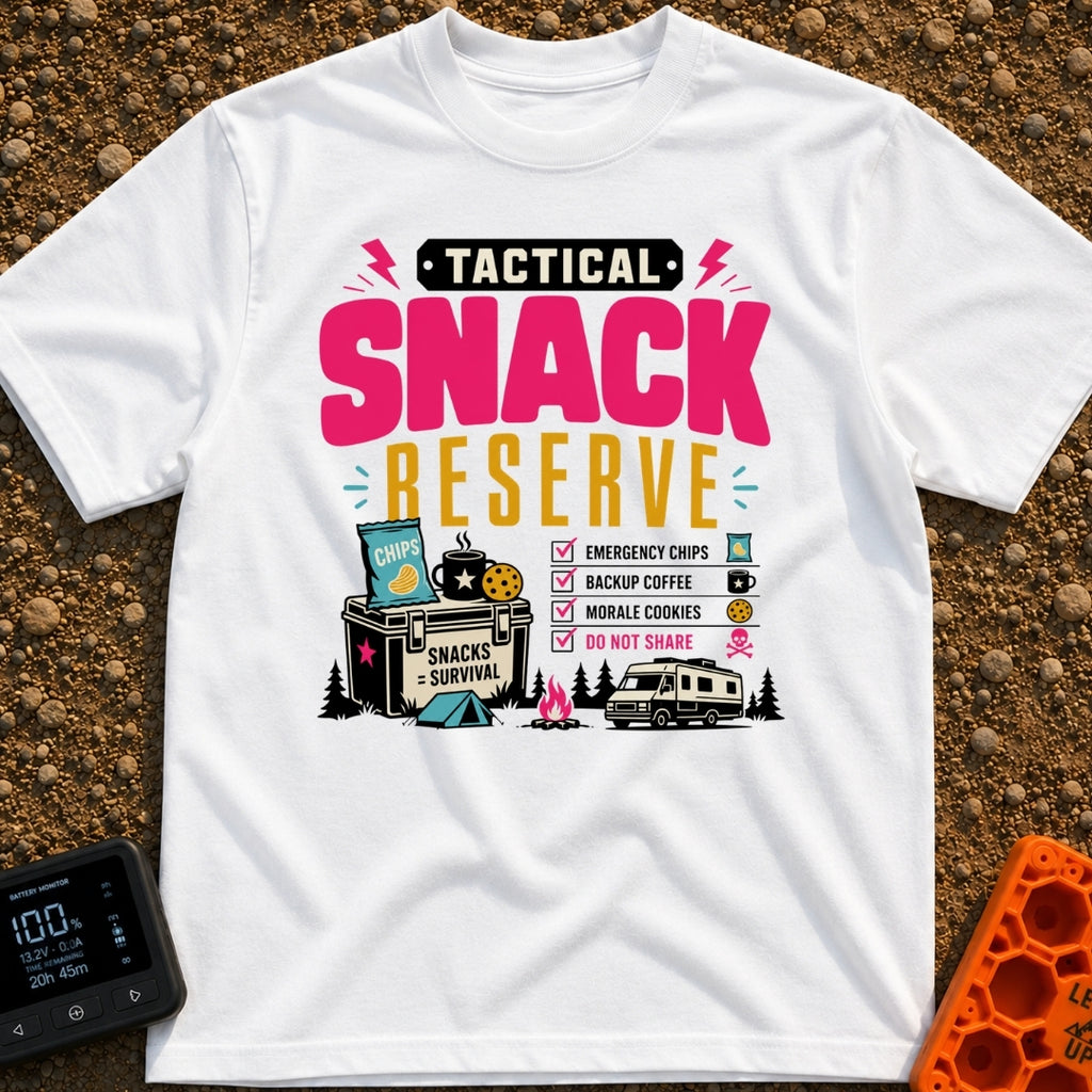 Tactical Snack Reserve - T-Shirt in White - The artwork features the bold text "Tactical Snack Reserve" above a cooler...