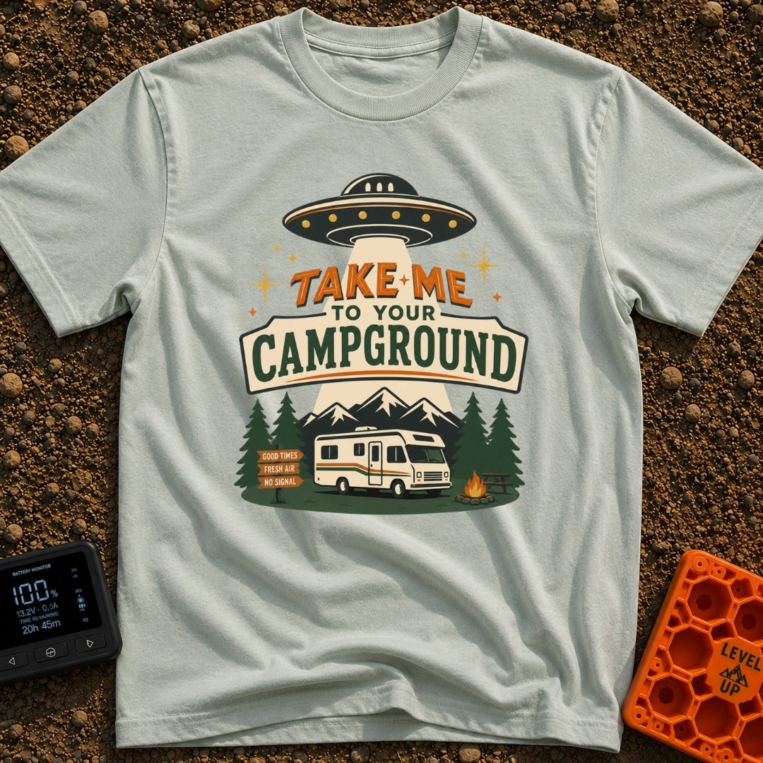 Take Me To Camp - T-Shirt in Bay - An illustration of a classic white motorhome parked at a campsite at night, with a UFO...