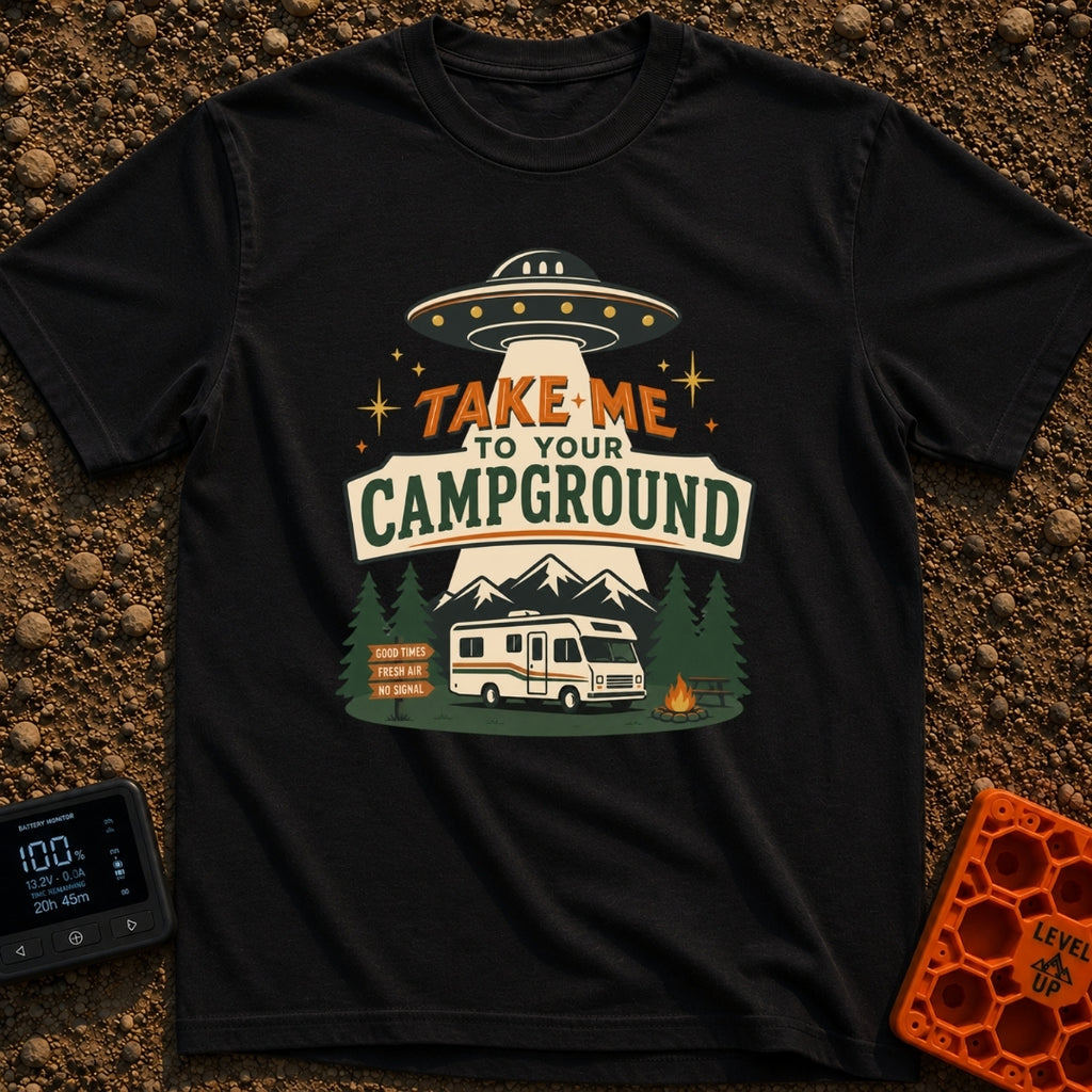 Take Me To Camp - T-Shirt in Black - An illustration of a classic white motorhome parked at a campsite at night, with a...