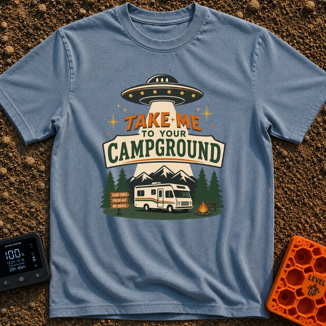 Take Me To Camp - T-Shirt in Blue Jean - An illustration of a classic white motorhome parked at a campsite at night, with...