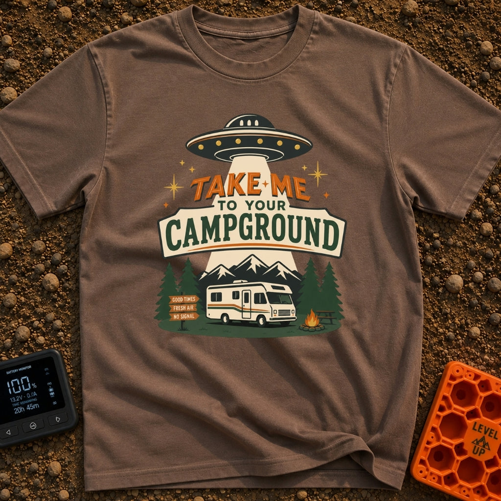 Take Me To Camp - T-Shirt in Espresso - An illustration of a classic white motorhome parked at a campsite at night, with...