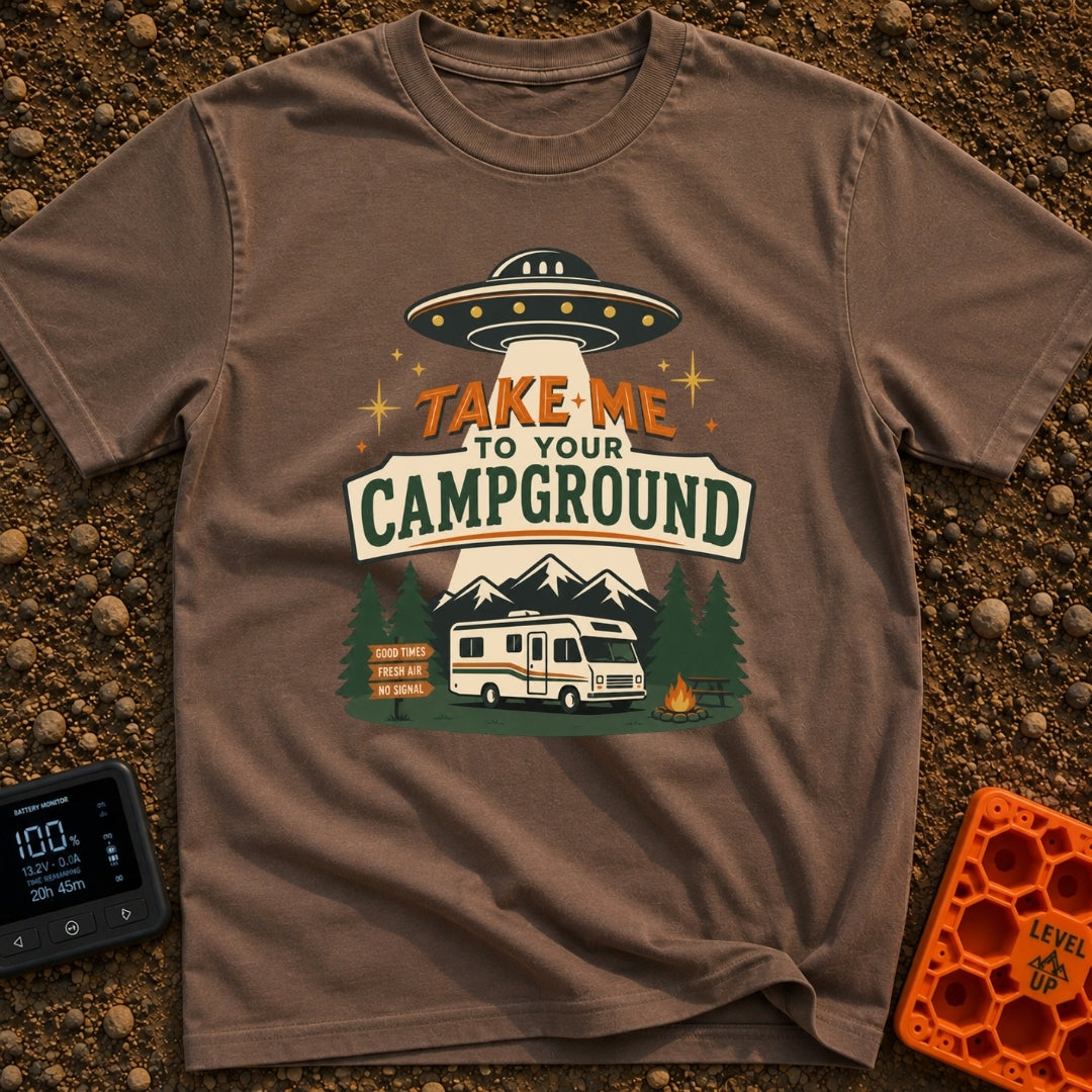 Take Me To Camp - T-Shirt in Espresso - An illustration of a classic white motorhome parked at a campsite at night, with...