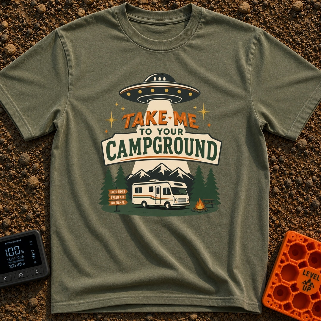 Take Me To Camp - T-Shirt in Moss - An illustration of a classic white motorhome parked at a campsite at night, with a...