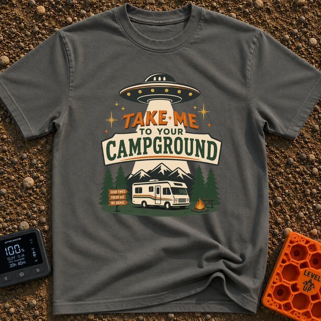 Take Me To Camp - T-Shirt in Pepper - An illustration of a classic white motorhome parked at a campsite at night, with a...