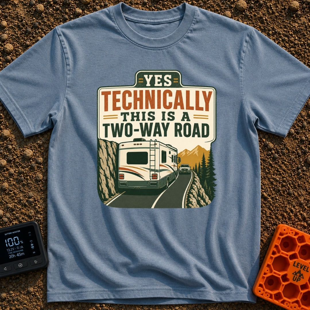 Technically Two Way - T-Shirt in Blue Jean - A vintage-style illustration of a large motorhome driving on a narrow...