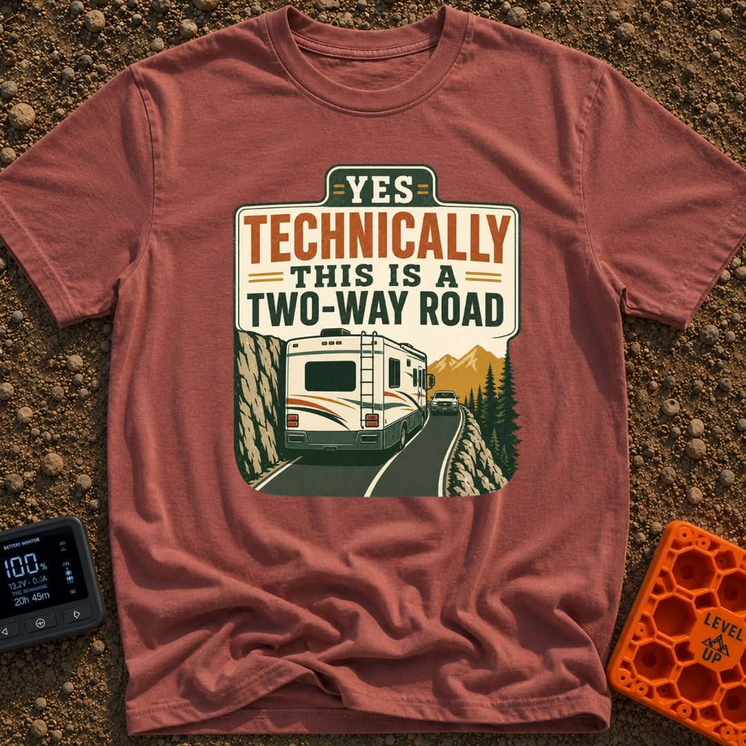 Technically Two Way - T-Shirt in Brick - A vintage-style illustration of a large motorhome driving on a narrow mountain...