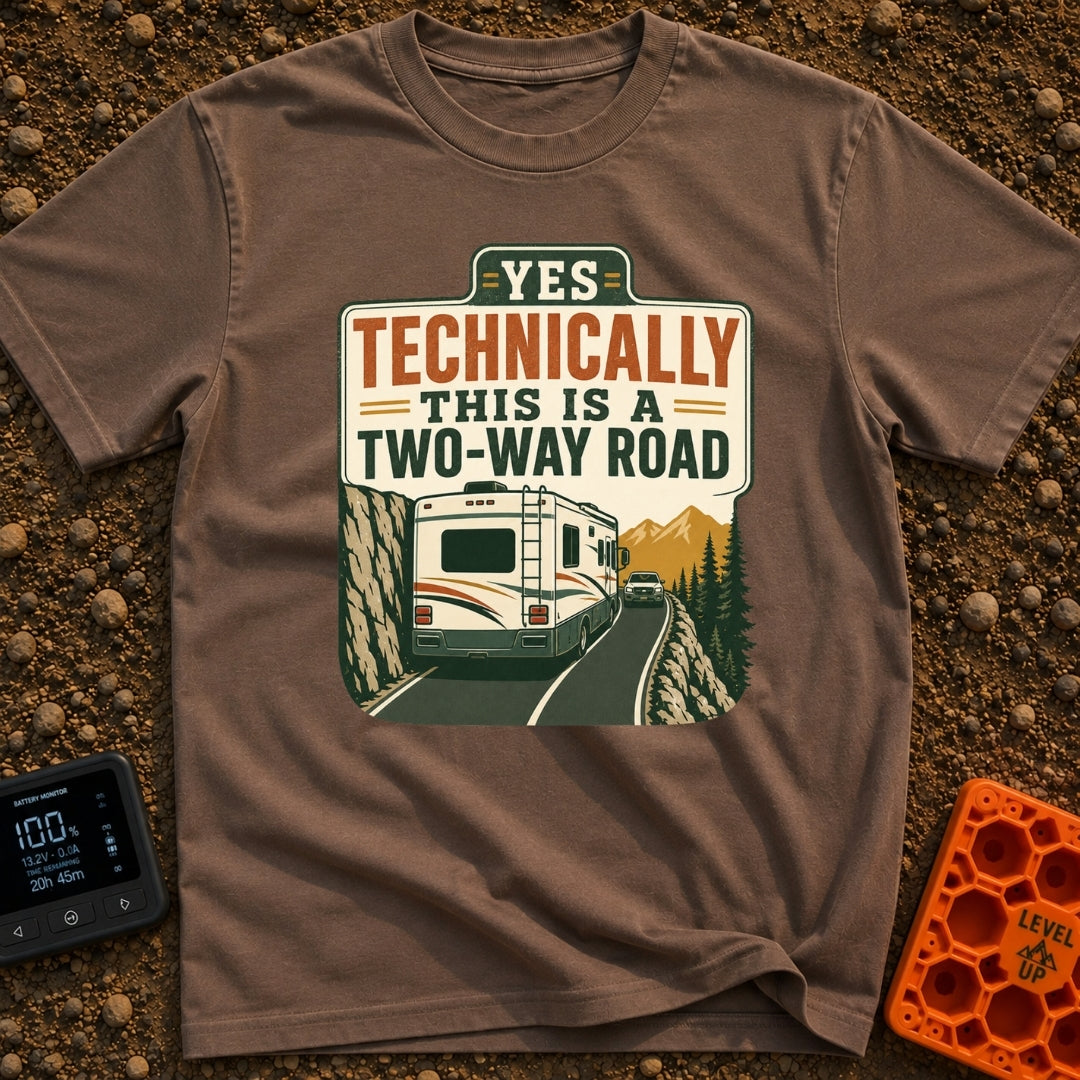 Technically Two Way - T-Shirt in Espresso - A vintage-style illustration of a large motorhome driving on a narrow...