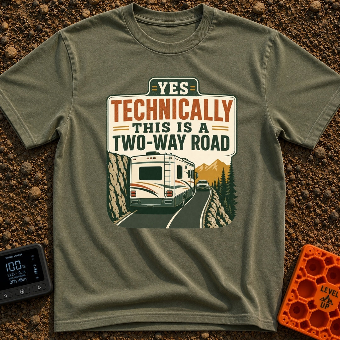 Technically Two Way - T-Shirt in Moss - A vintage-style illustration of a large motorhome driving on a narrow mountain...