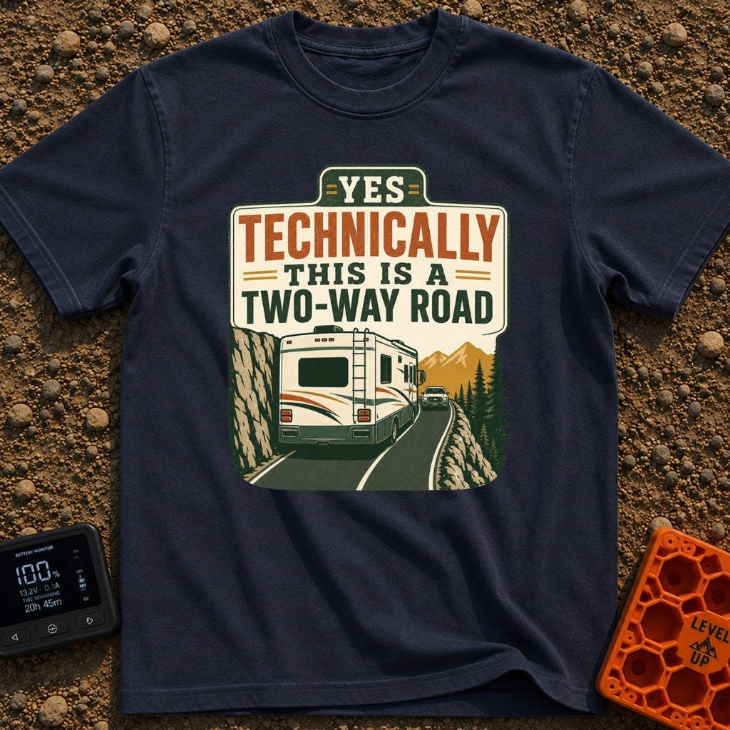 Technically Two Way - T-Shirt in Navy - A vintage-style illustration of a large motorhome driving on a narrow mountain...