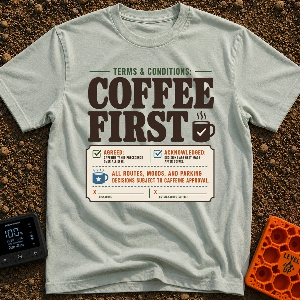 Caffeine Clause Priority - T-Shirt in Bay - A graphic designed to look like a legal contract with the large text "TERMS &...