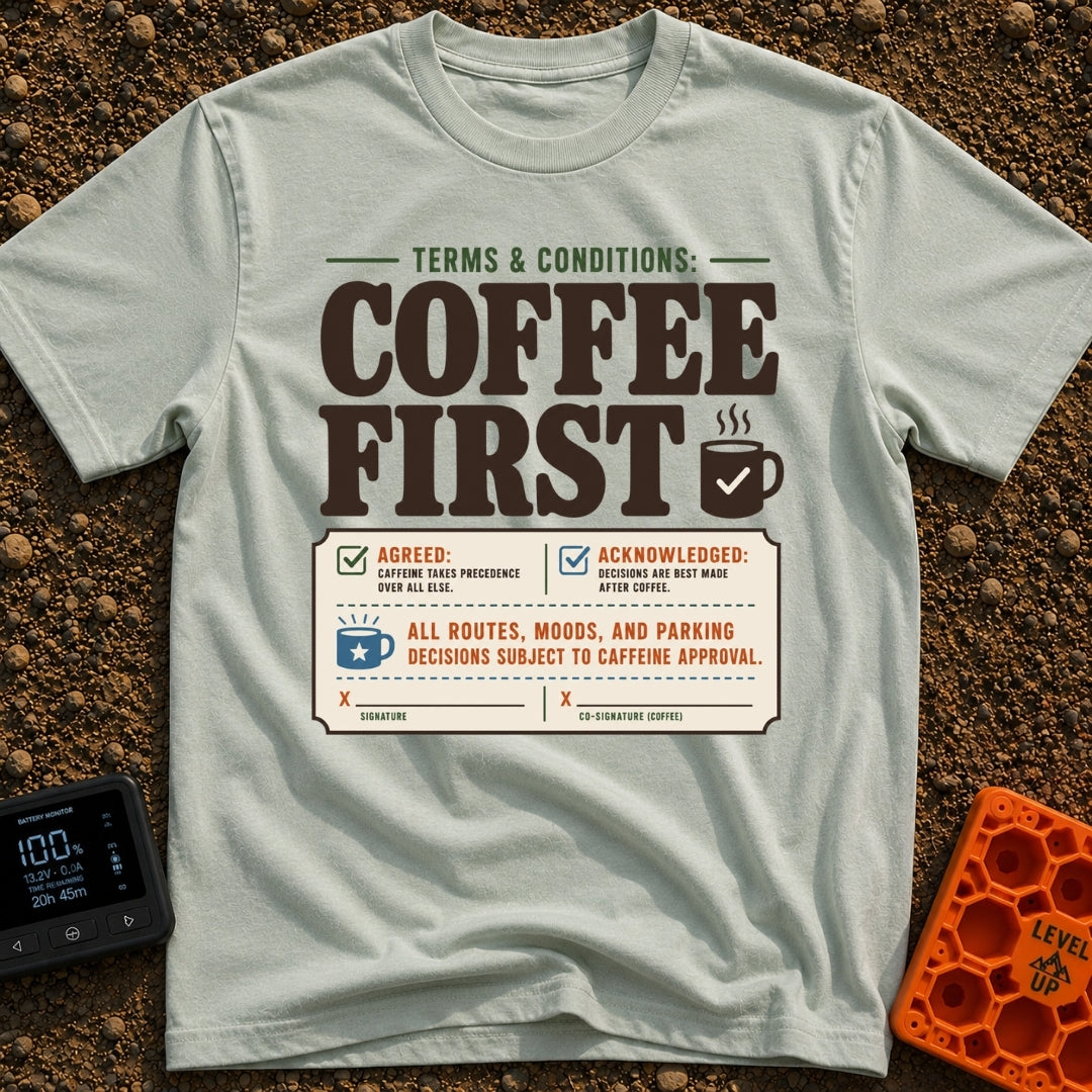 Caffeine Clause Priority - T-Shirt in Bay - A graphic designed to look like a legal contract with the large text "TERMS &...