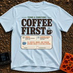Caffeine Clause Priority - T-Shirt in Chambray - A graphic designed to look like a legal contract with the large text...