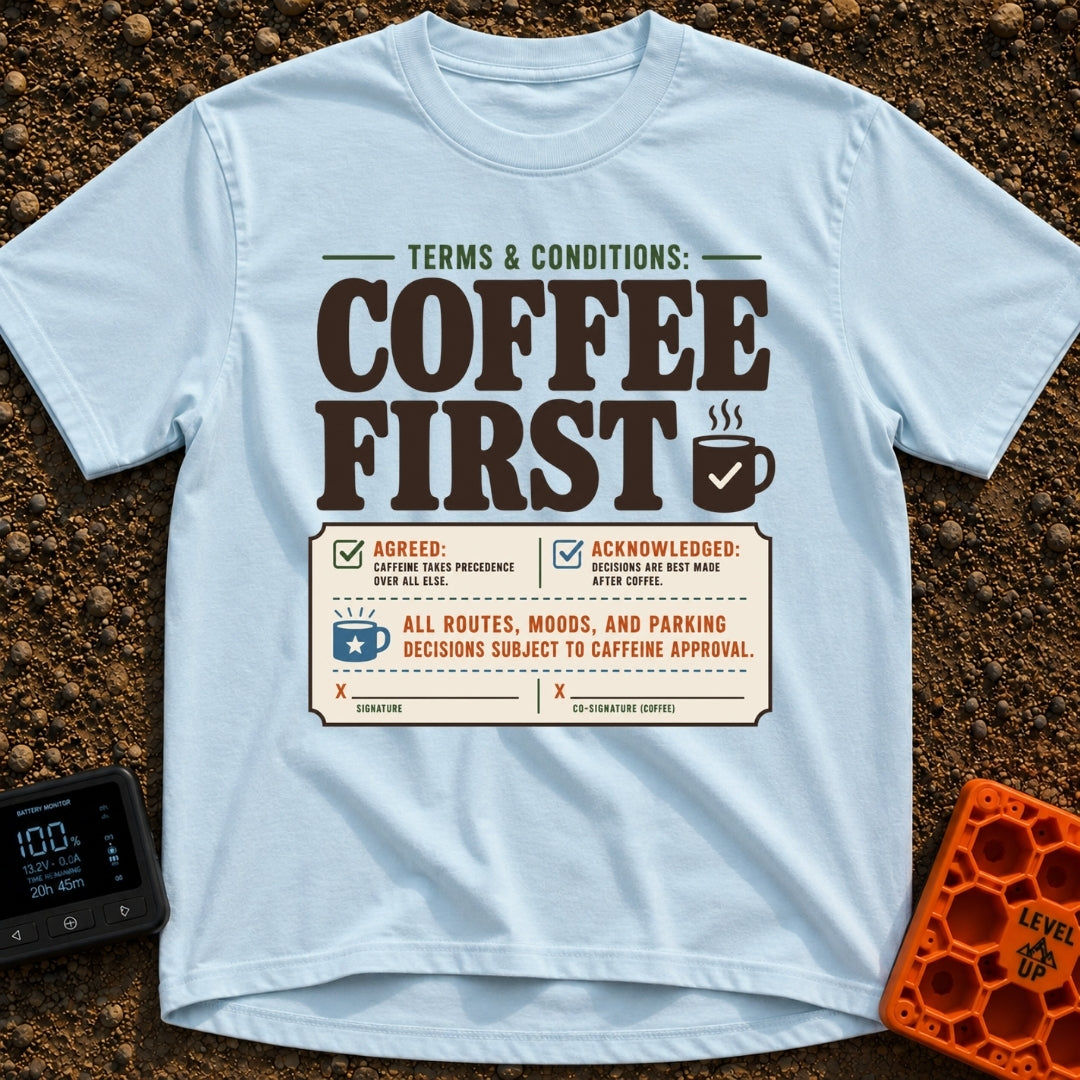 Caffeine Clause Priority - T-Shirt in Chambray - A graphic designed to look like a legal contract with the large text...