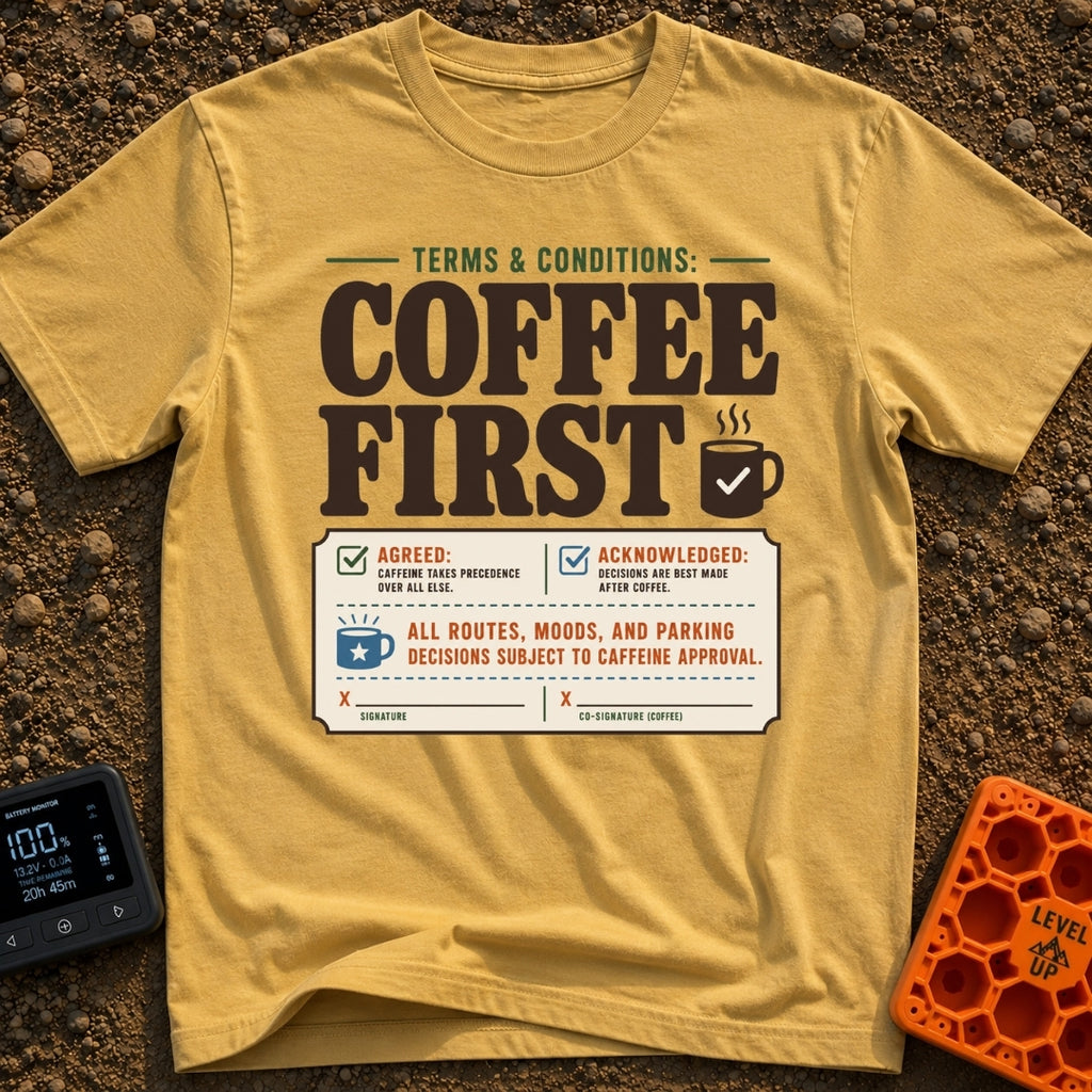 Caffeine Clause Priority - T-Shirt in Mustard - A graphic designed to look like a legal contract with the large text...