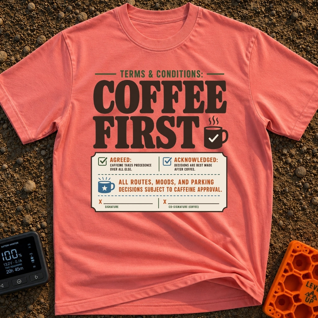 Caffeine Clause Priority - T-Shirt in Watermelon - A graphic designed to look like a legal contract with the large text...