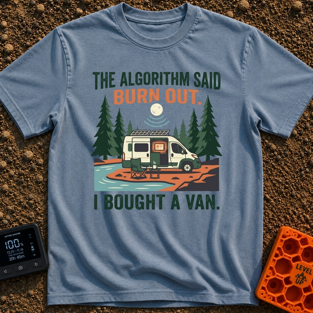 Algorithm Said Burn Out - T-Shirt in Blue Jean - A white and green camper van is parked beside a river at night,...