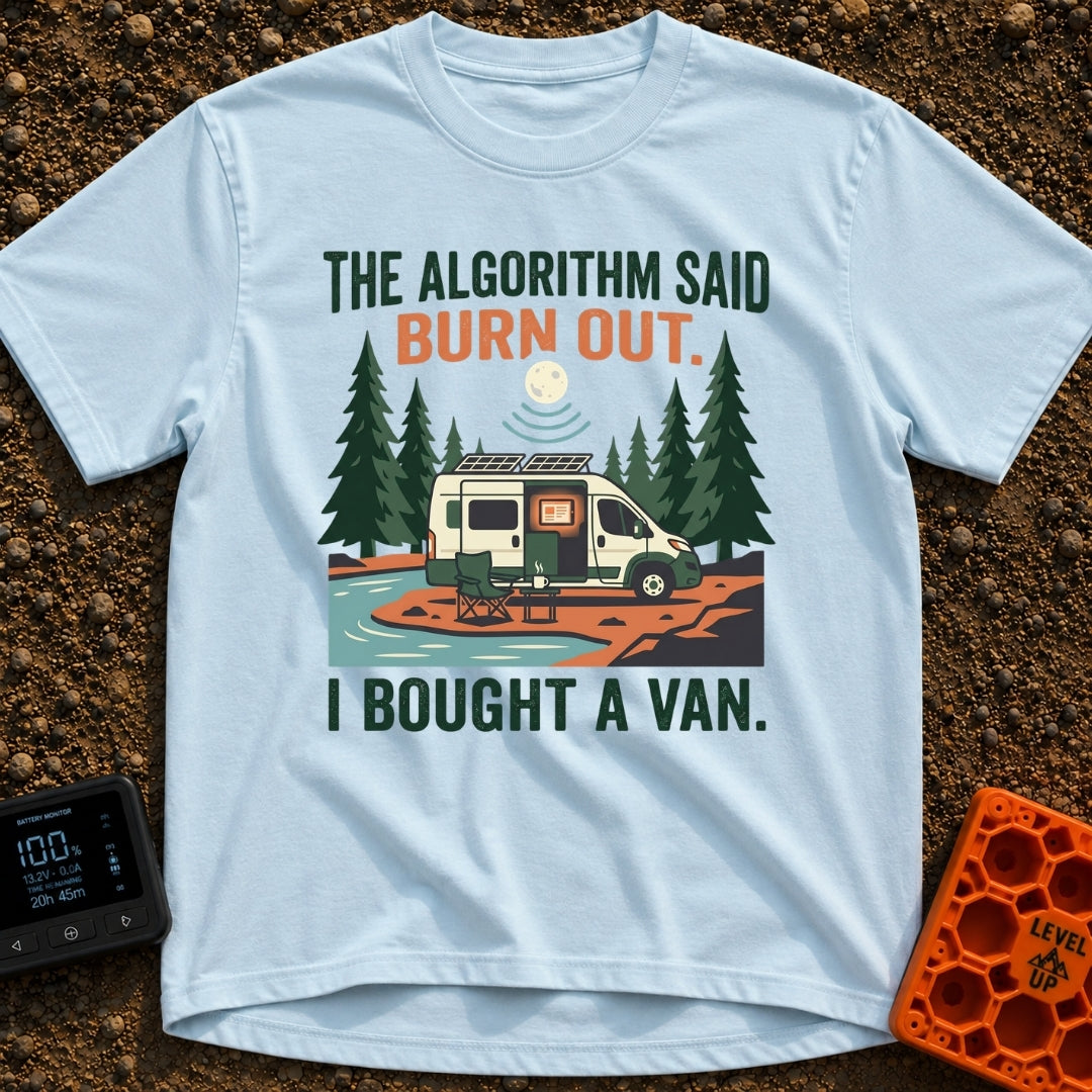 Algorithm Said Burn Out - T-Shirt in Chambray - A white and green camper van is parked beside a river at night,...