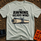 The Awning Anguish - T-Shirt in Bay - An illustration of a rolled-up camper awning tightly secured with rope next to a...