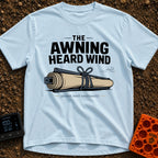 The Awning Anguish - T-Shirt in Chambray - An illustration of a rolled-up camper awning tightly secured with rope next to...