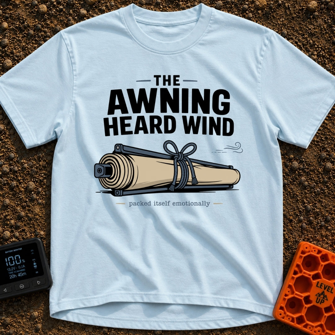 The Awning Anguish - T-Shirt in Chambray - An illustration of a rolled-up camper awning tightly secured with rope next to...