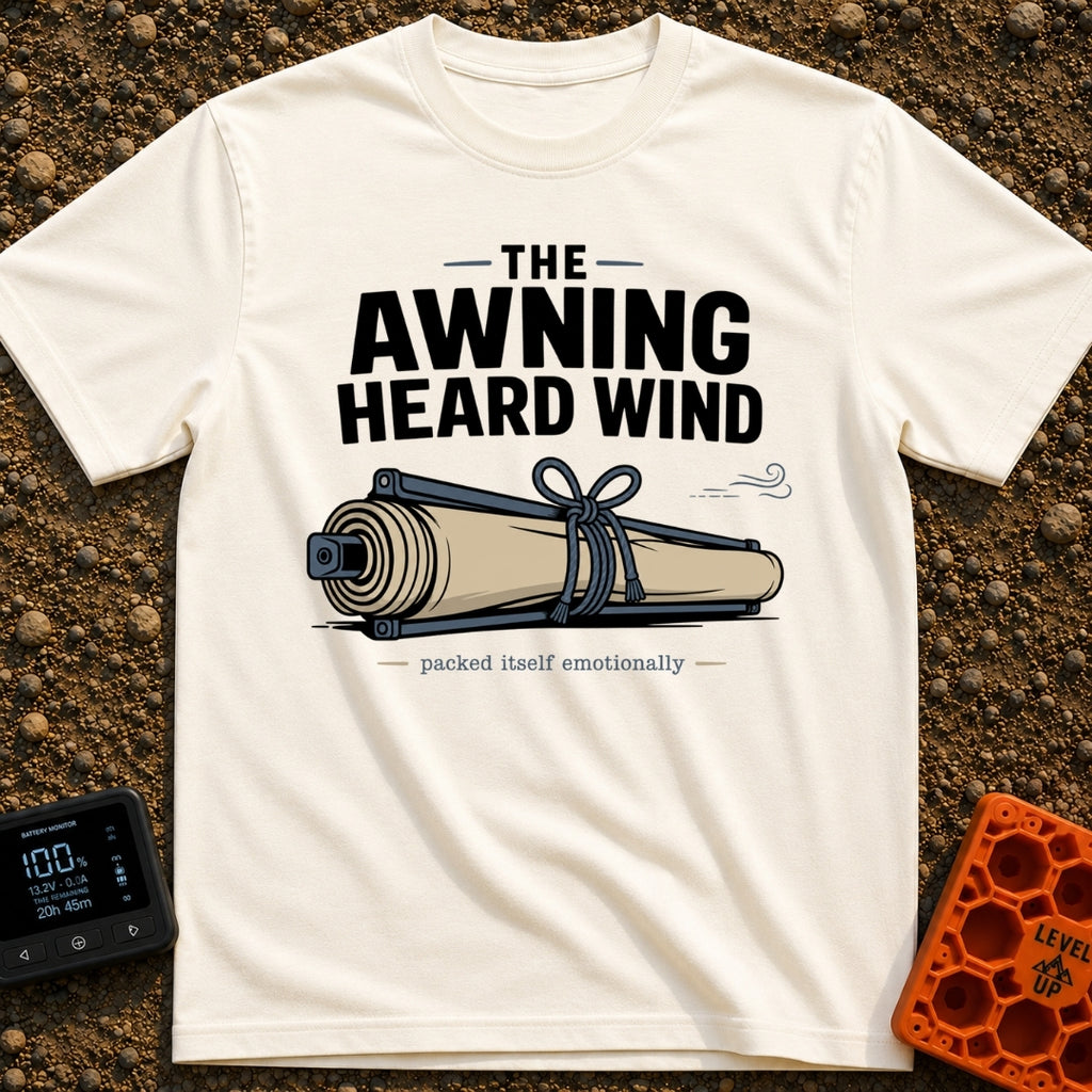 The Awning Anguish - T-Shirt in Ivory - An illustration of a rolled-up camper awning tightly secured with rope next to a...