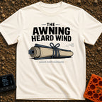 The Awning Anguish - T-Shirt in Ivory - An illustration of a rolled-up camper awning tightly secured with rope next to a...