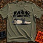 The Awning Anguish - T-Shirt in Moss - An illustration of a rolled-up camper awning tightly secured with rope next to a...