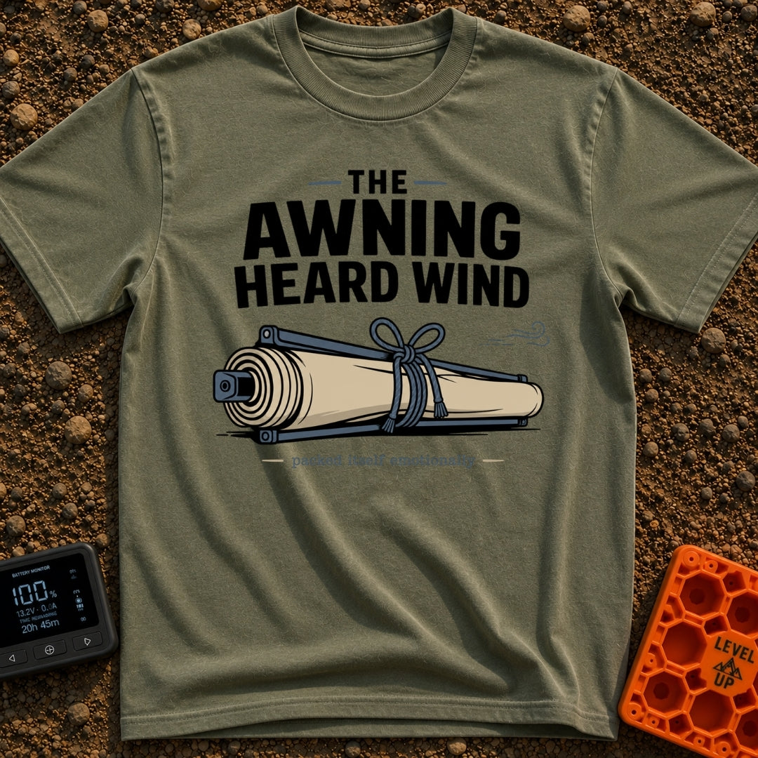 The Awning Anguish - T-Shirt in Moss - An illustration of a rolled-up camper awning tightly secured with rope next to a...