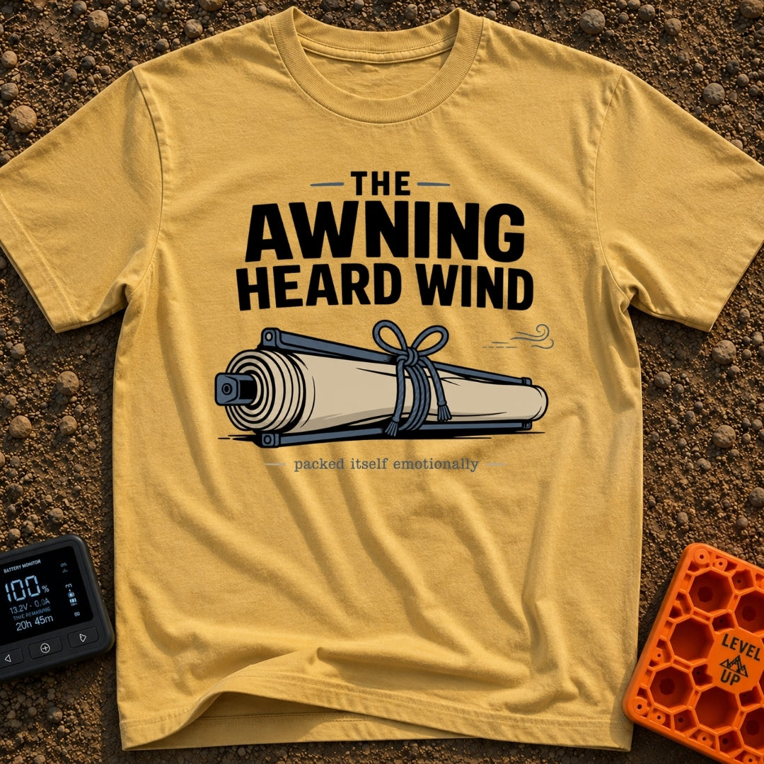 The Awning Anguish - T-Shirt in Mustard - An illustration of a rolled-up camper awning tightly secured with rope next to...
