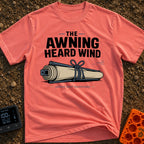 The Awning Anguish - T-Shirt in Watermelon - An illustration of a rolled-up camper awning tightly secured with rope next...