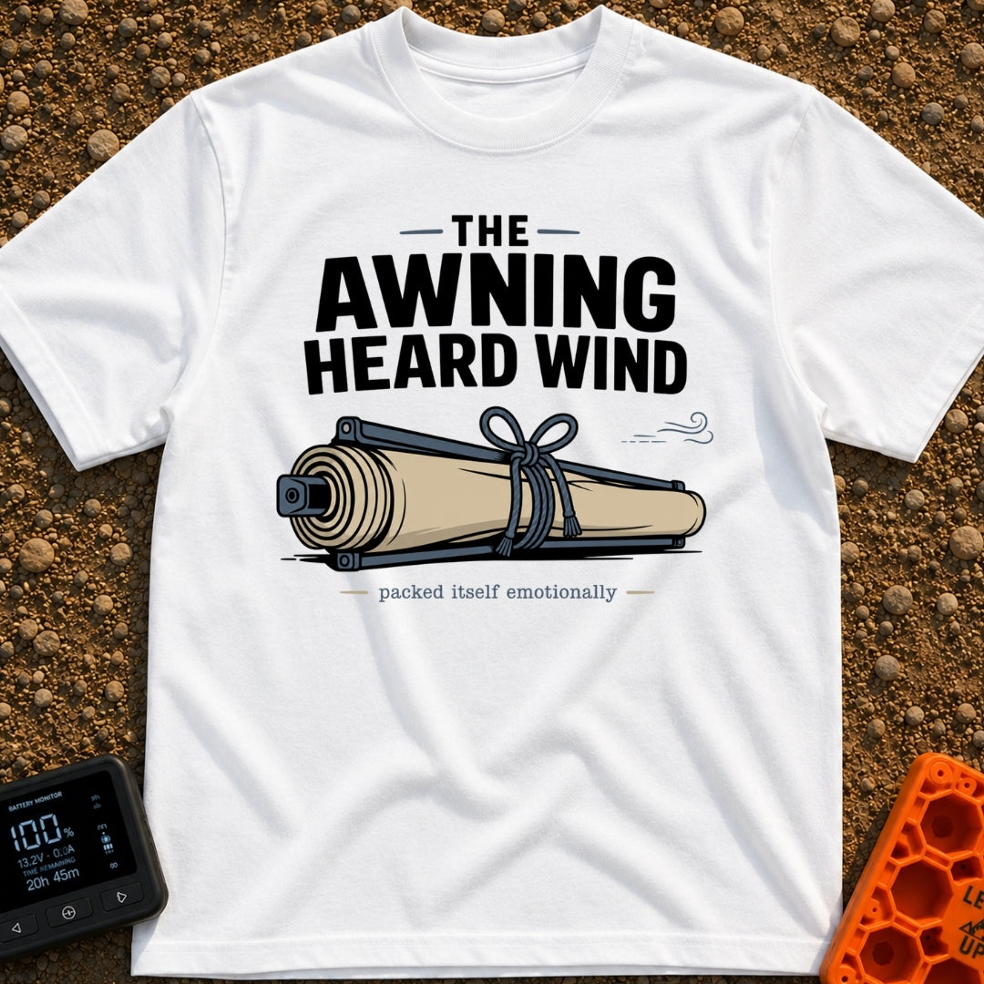 The Awning Anguish - T-Shirt in White - An illustration of a rolled-up camper awning tightly secured with rope next to a...