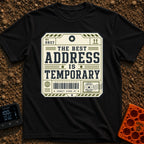 No Forwarding Address - T-Shirt in Black - A graphic designed to resemble a vintage shipping label or luggage tag,...