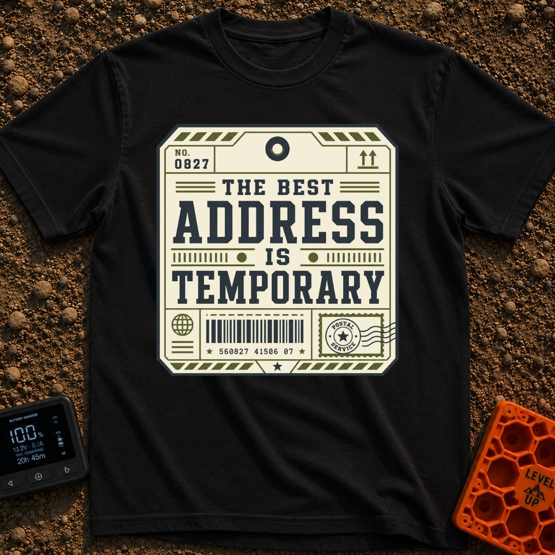 No Forwarding Address - T-Shirt in Black - A graphic designed to resemble a vintage shipping label or luggage tag,...