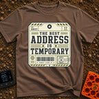 No Forwarding Address - T-Shirt in Espresso - A graphic designed to resemble a vintage shipping label or luggage tag,...