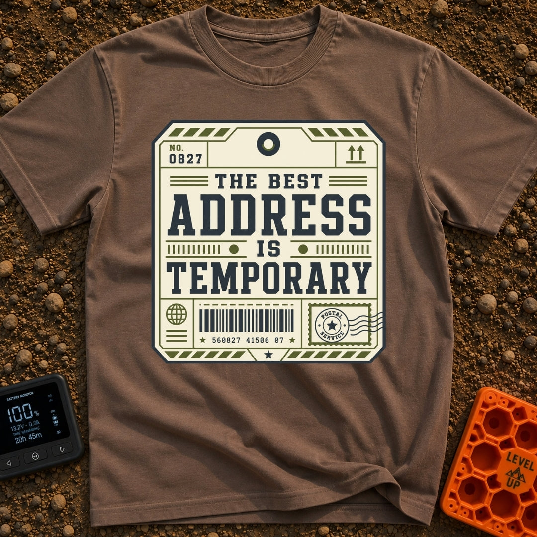 No Forwarding Address - T-Shirt in Espresso - A graphic designed to resemble a vintage shipping label or luggage tag,...