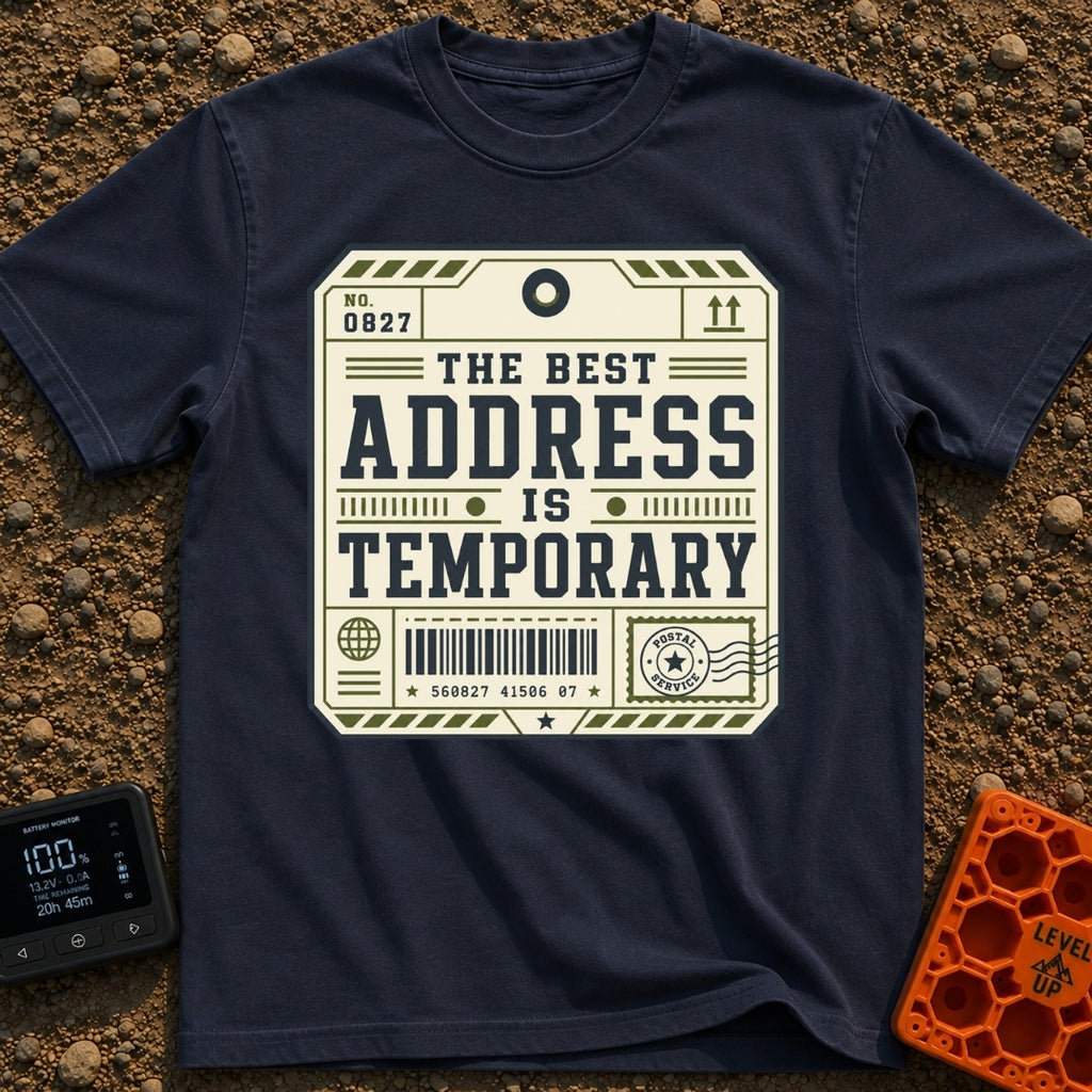No Forwarding Address - T-Shirt in Navy - A graphic designed to resemble a vintage shipping label or luggage tag,...
