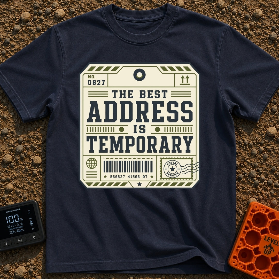 No Forwarding Address - T-Shirt in Navy - A graphic designed to resemble a vintage shipping label or luggage tag,...