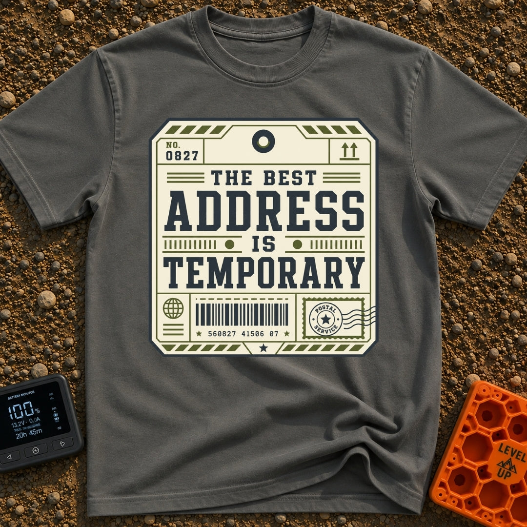 No Forwarding Address - T-Shirt in Pepper - A graphic designed to resemble a vintage shipping label or luggage tag,...