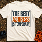 Best Address Is Temporary - T-Shirt in Ivory - A typographic design styled like a square metal sign with corner rivets,...