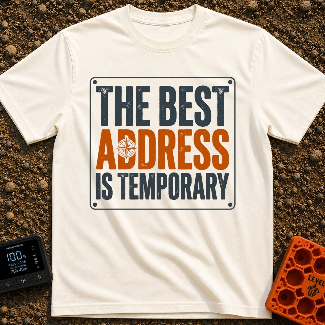 Best Address Is Temporary - T-Shirt in Ivory - A typographic design styled like a square metal sign with corner rivets,...