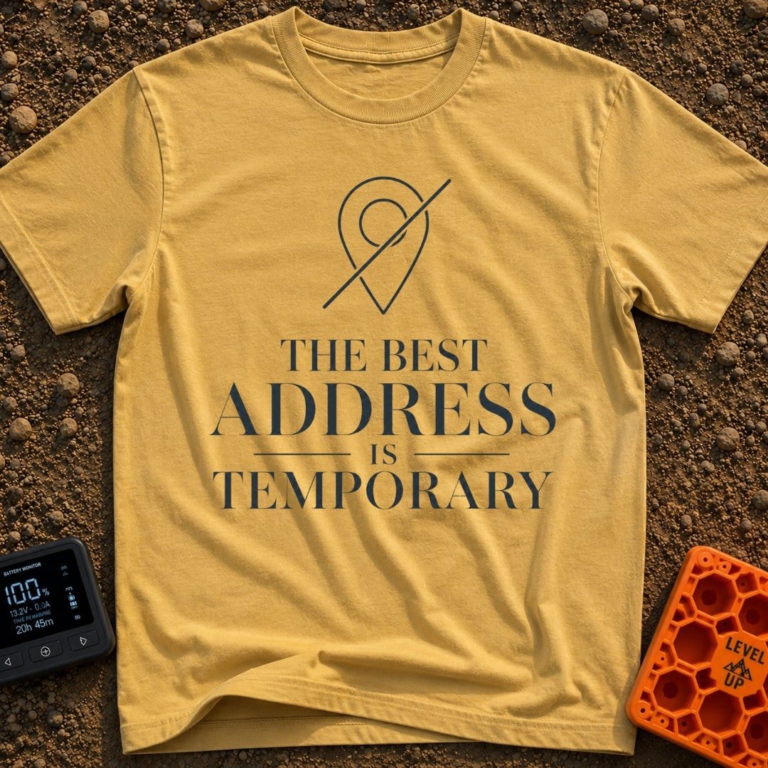 Best Address Is Temporary - T-Shirt in Mustard - A minimalist line drawing of a map location pin crossed out with a...