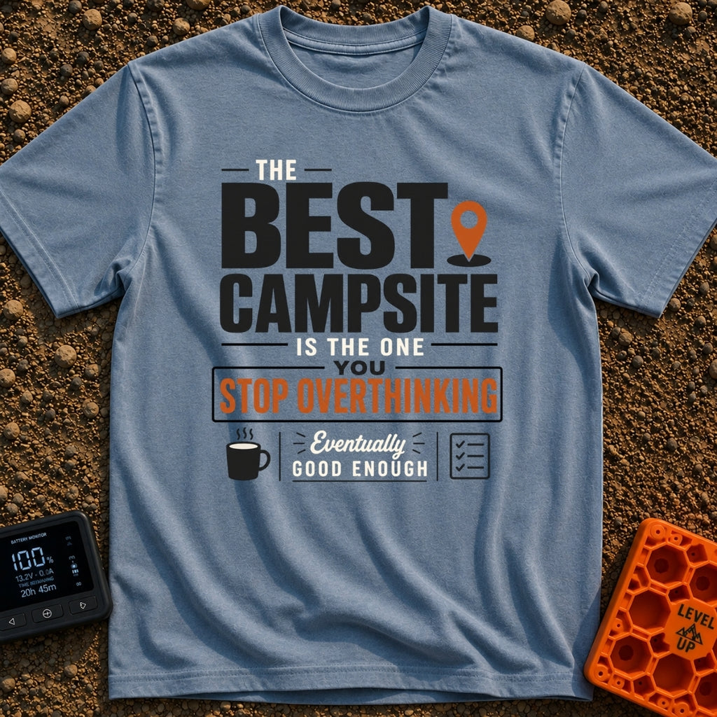 Good Enough Campsite - T-Shirt in Blue Jean - Typographic design reading "THE BEST CAMPSITE IS THE ONE YOU STOP...