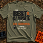 Good Enough Campsite - T-Shirt in Moss - Typographic design reading "THE BEST CAMPSITE IS THE ONE YOU STOP OVERTHINKING"...