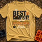 Good Enough Campsite - T-Shirt in Mustard - Typographic design reading "THE BEST CAMPSITE IS THE ONE YOU STOP...